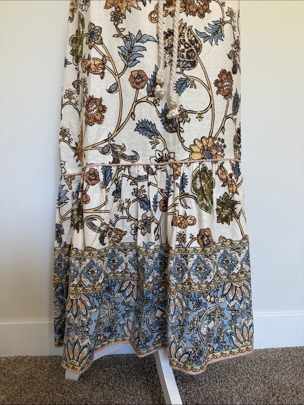 Calypso- Floral Tiered Maxi Skirt in Cream with Blue and Brown Accents - Picture 2 of 12